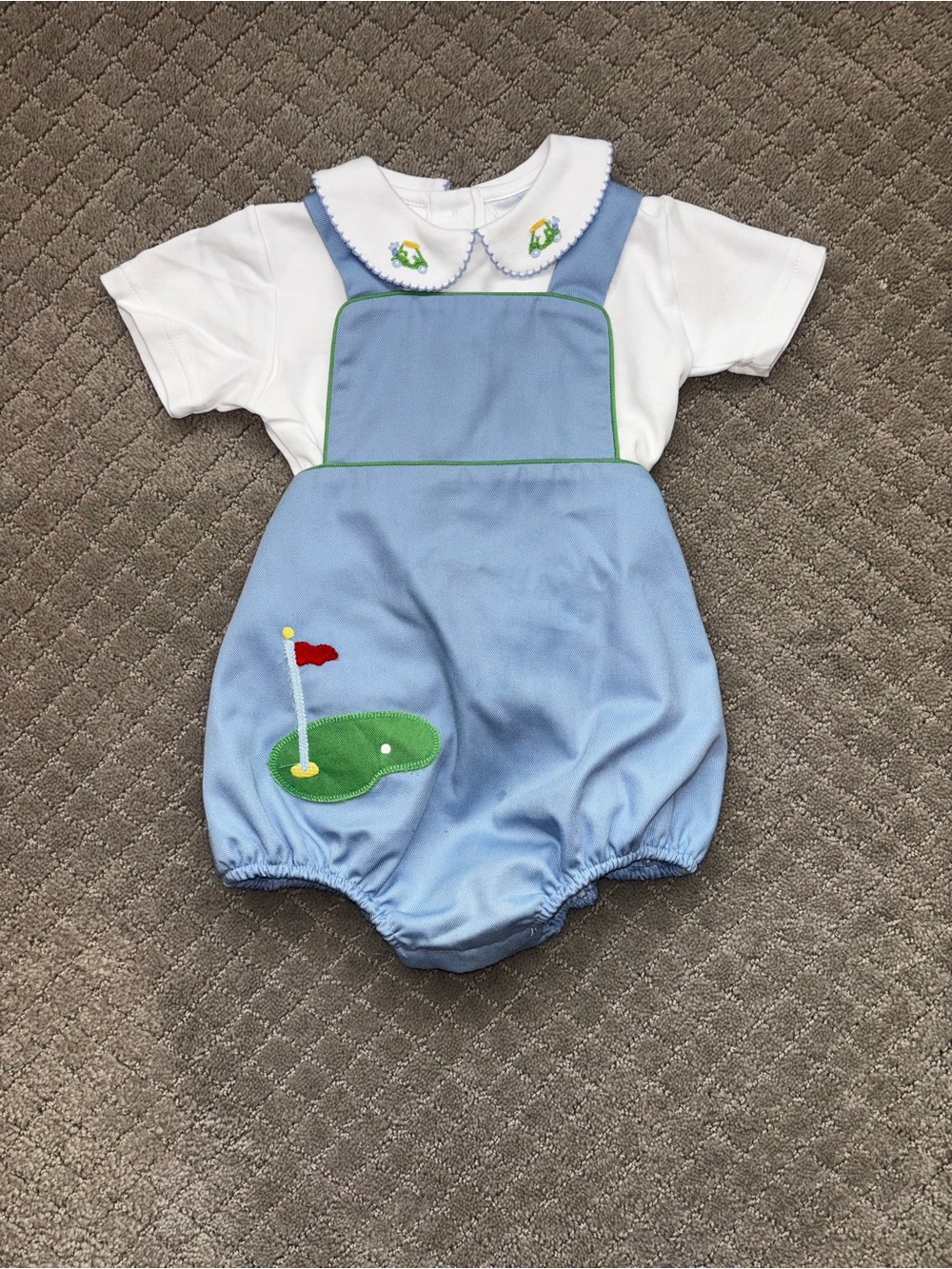 Little English Blue and White Golf Applique Bubble Romper Set